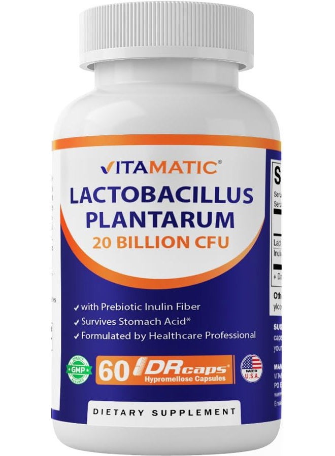 Vitamatic Lactobacillus Plantarum - 20 Billion per DR Capsule - 60 Count - Digestive Support - Made with Prebiotic Inulin Fiber - Image 1
